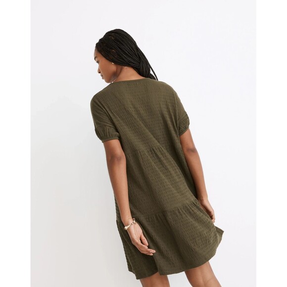 Madewell Mini Dress Medium Green Crinkle Knit Tiered Puff Sleeves Buttons NEW‎ - Picture 3 of 10
